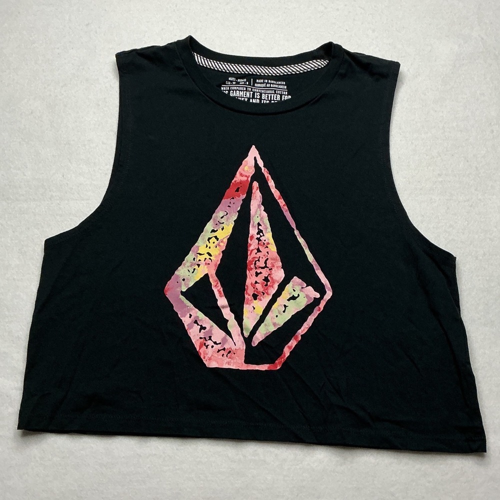 Volcom Womens Black Organic Cotton Graphic Muscle Tank Crop Top Size XS